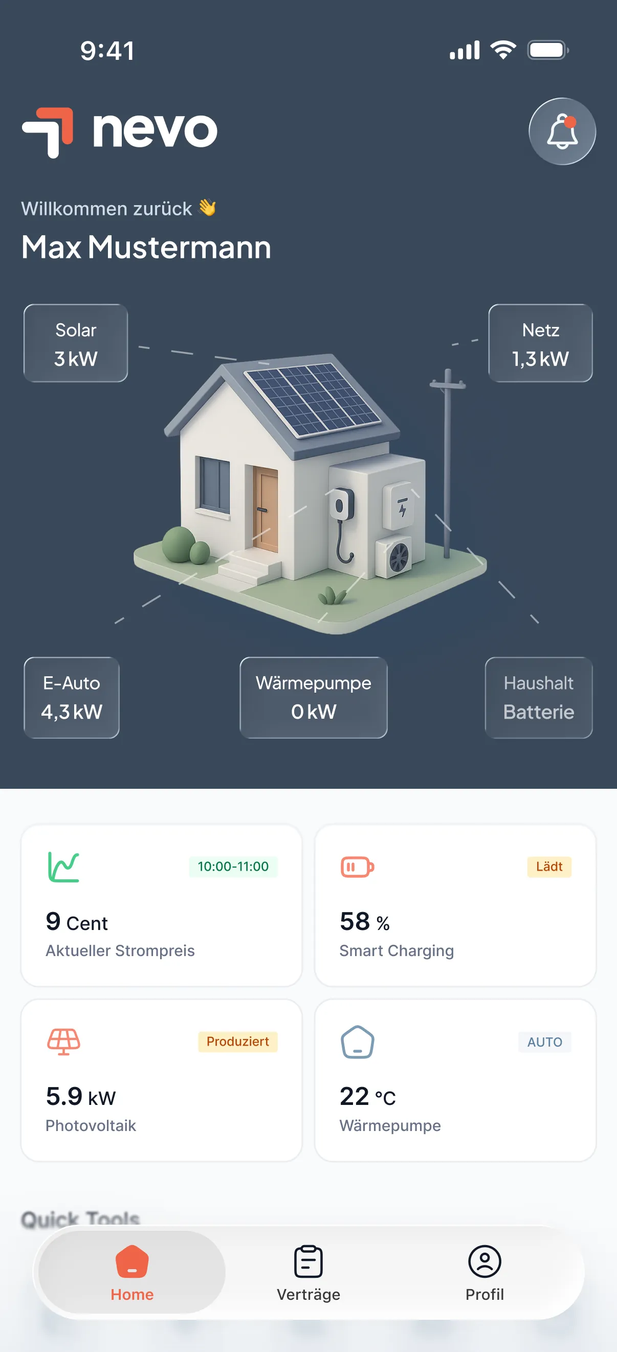 Heim-Energiemanagement mit PV, Speicher und Wärmepumpe in nevo energy