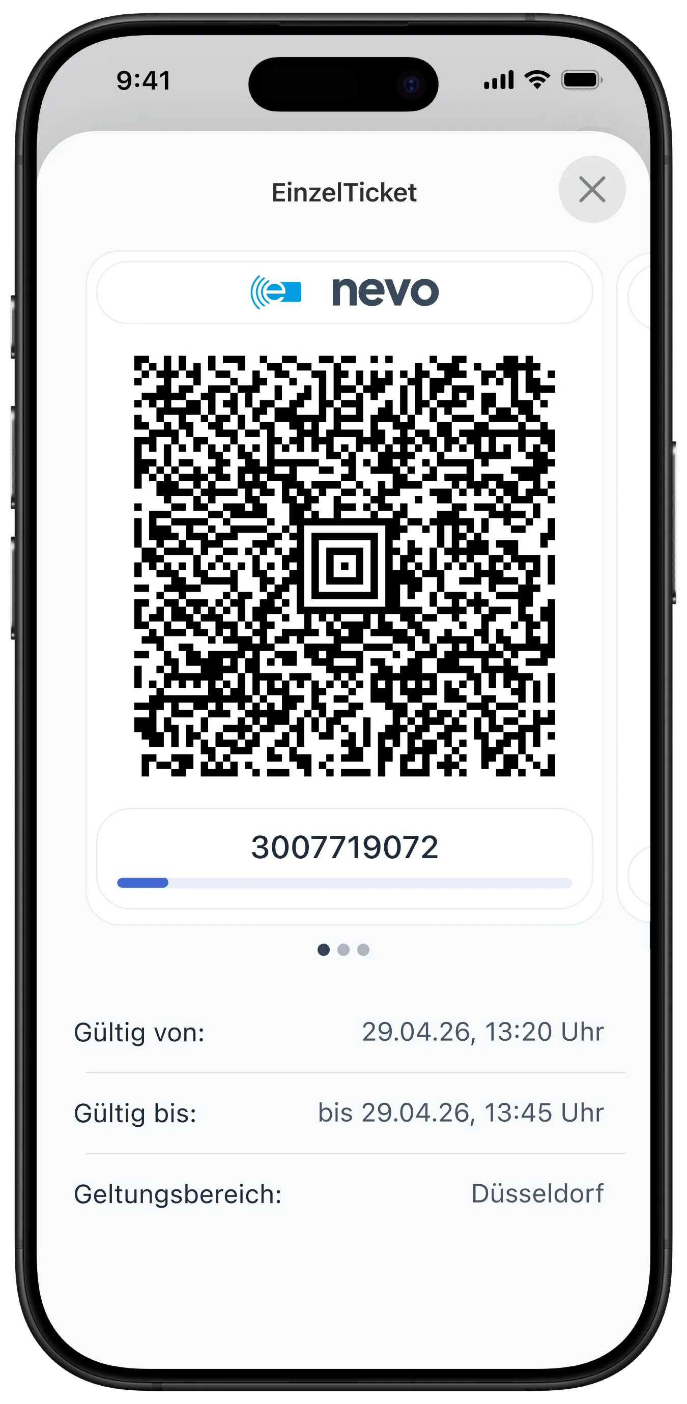 Schritt 4, gekauftes Ticket mit Barcode in nevo move